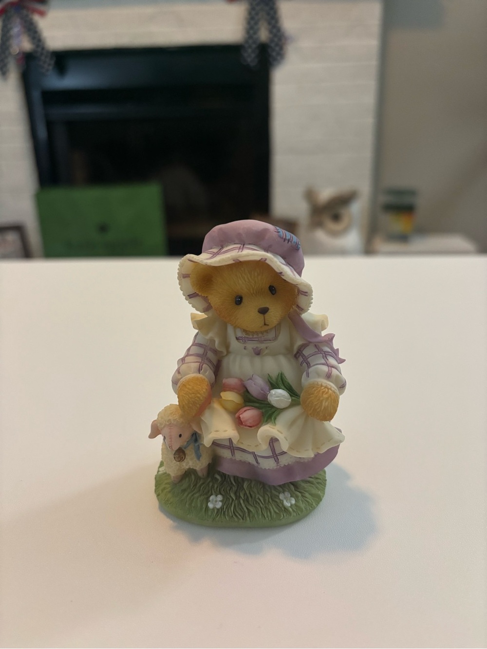 Cherished Teddies Purple and Cream Bear Figurine Holding Tulips